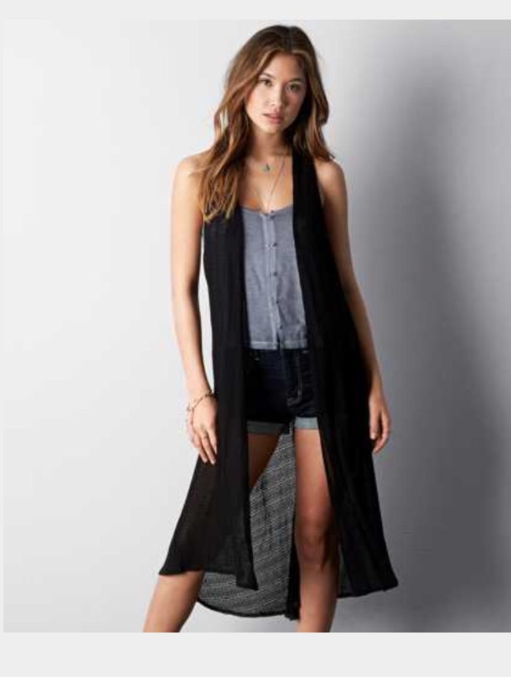 AEO Outfitters Black Long Open-Knit Vest NWT